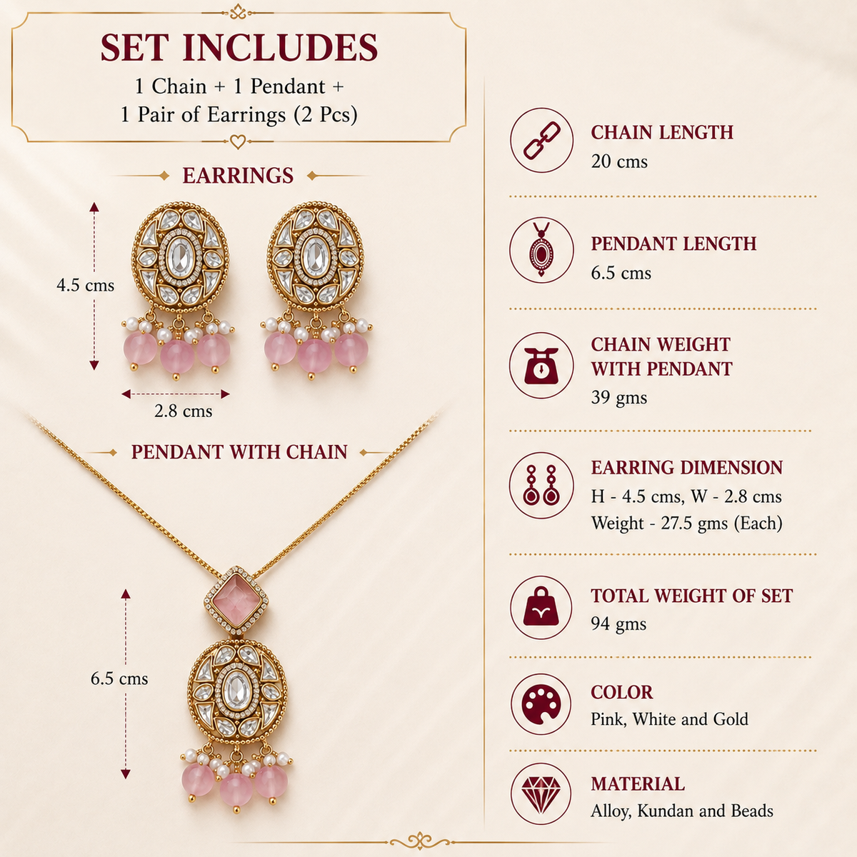 Rosette Charm Kundan Pendant Set - Pink
