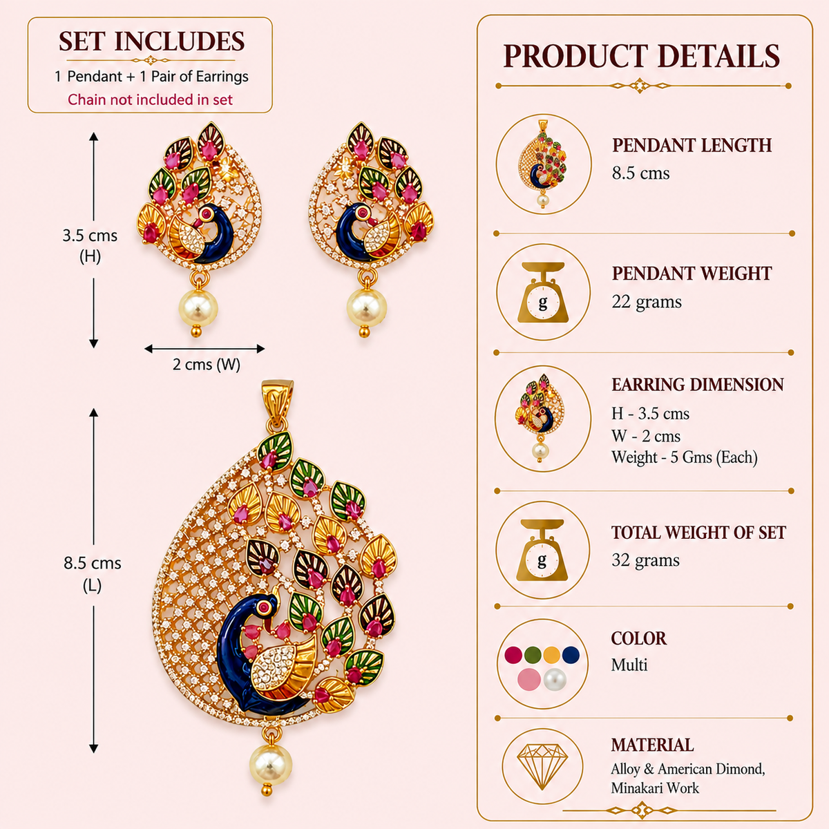 Morni Meera Pendant Earring Set - Multi Color