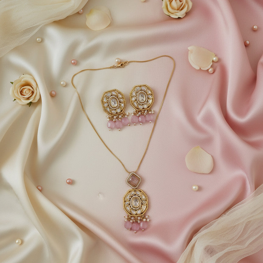 Rosette Charm Pendant Set - Pink - Jewel Katha