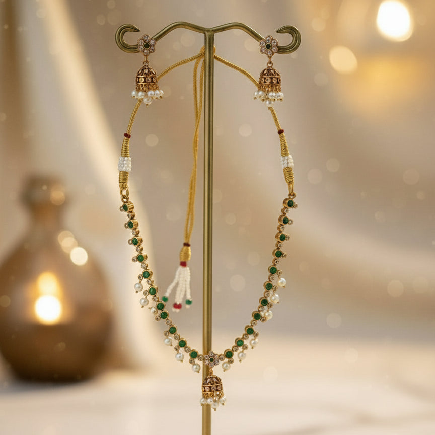 Bell Charm Necklace Set - Green - Jewel Katha