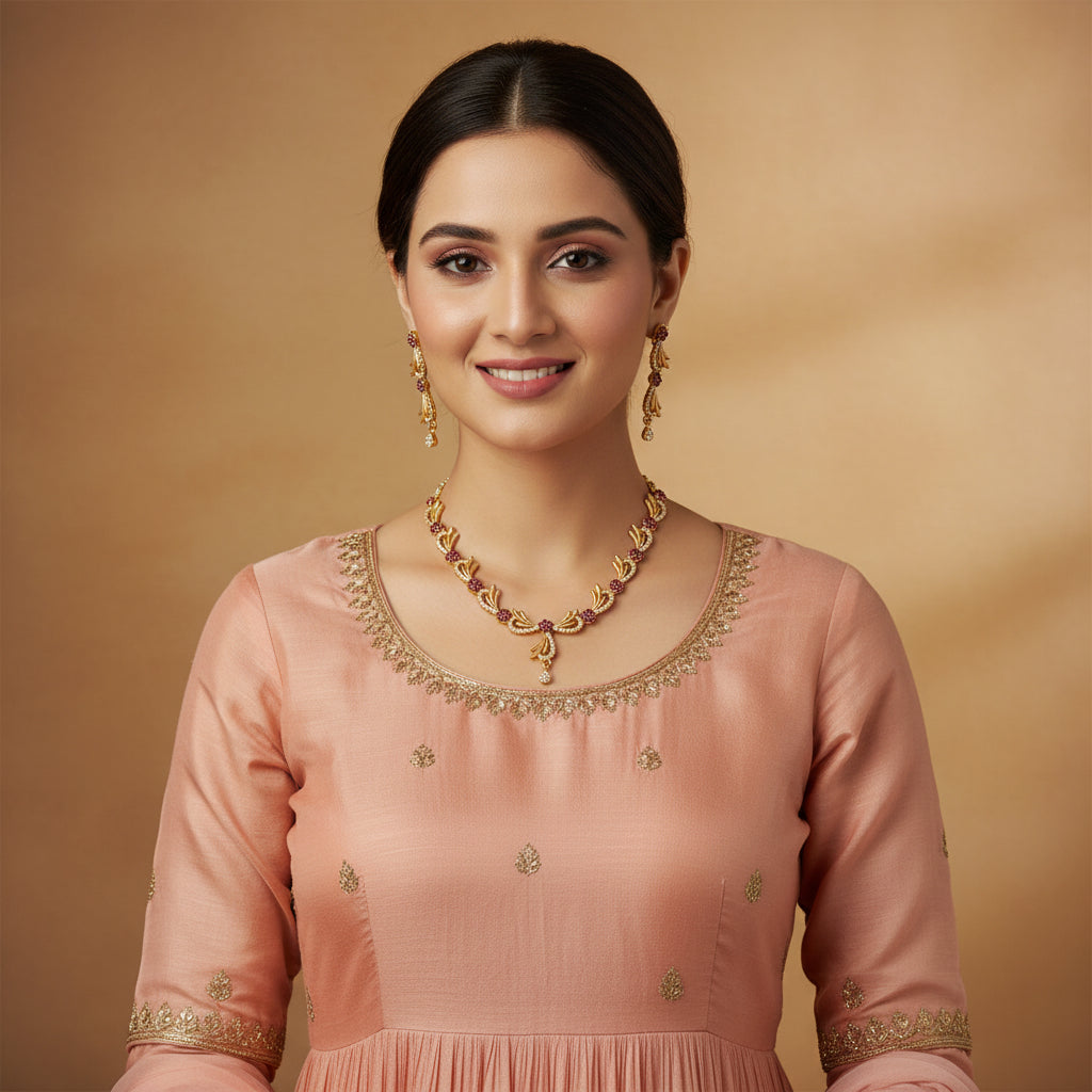 Liyana Leaf Trail Set - Gold, White & Maroon - Jewel Katha