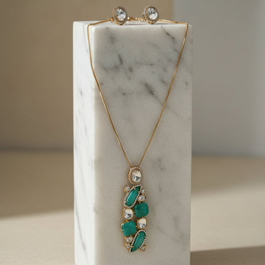 Emerald Aqua Shine Pendant Set - Jewel Katha