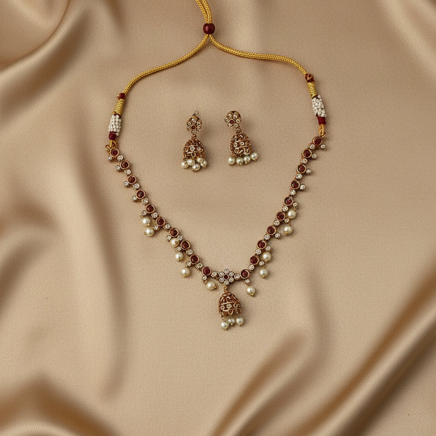 Bell Charm Necklace Set - Maroon - Jewel Katha