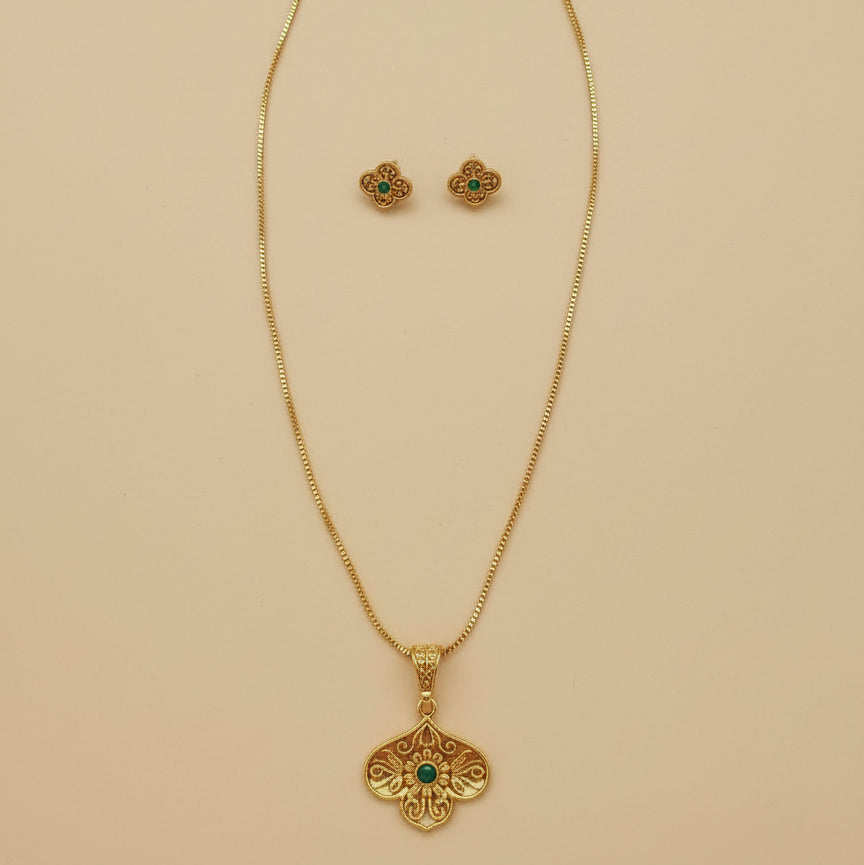 Antique Filigree Bloom Necklace Set - Green