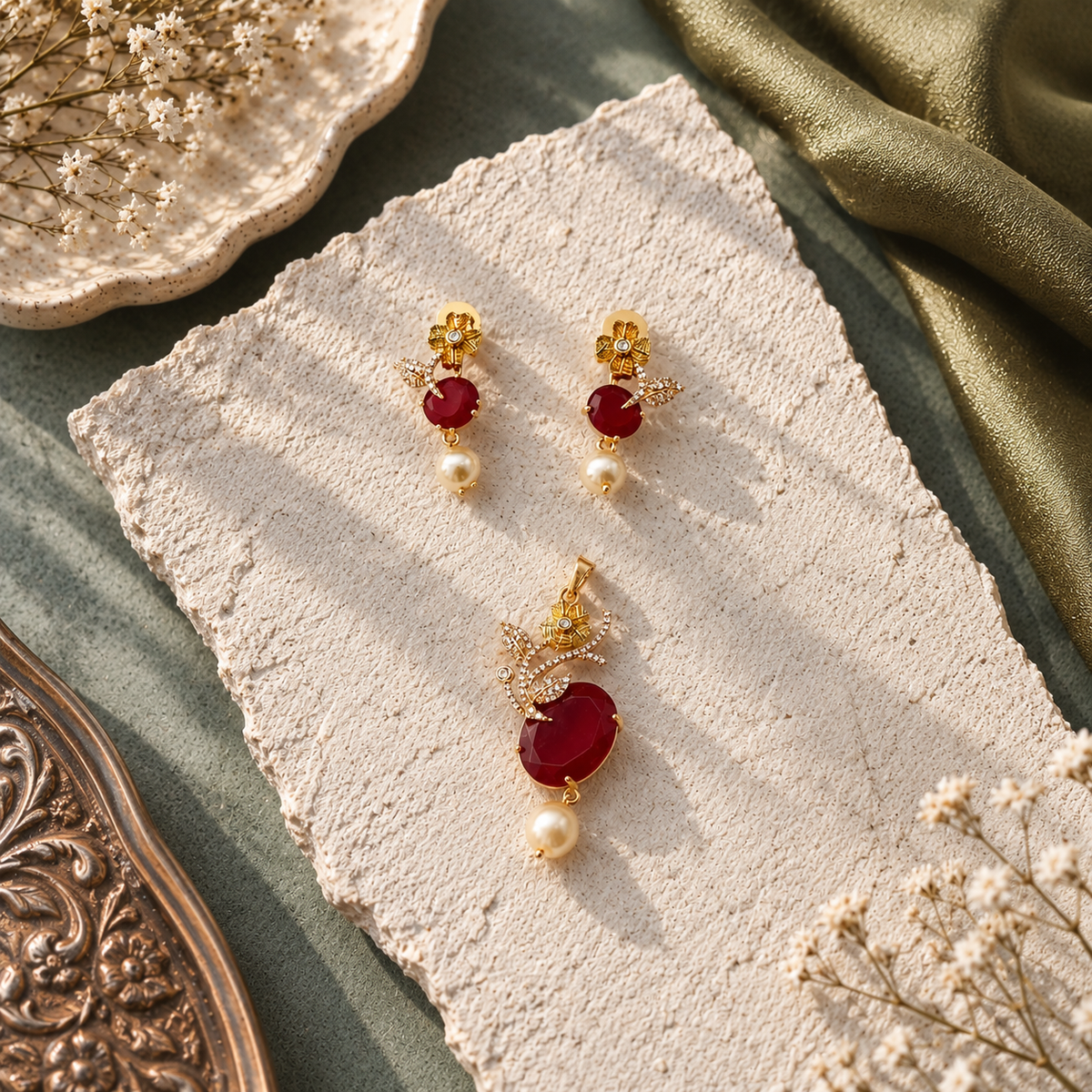 Ruby Pearl Bloom Pendant Set - Red