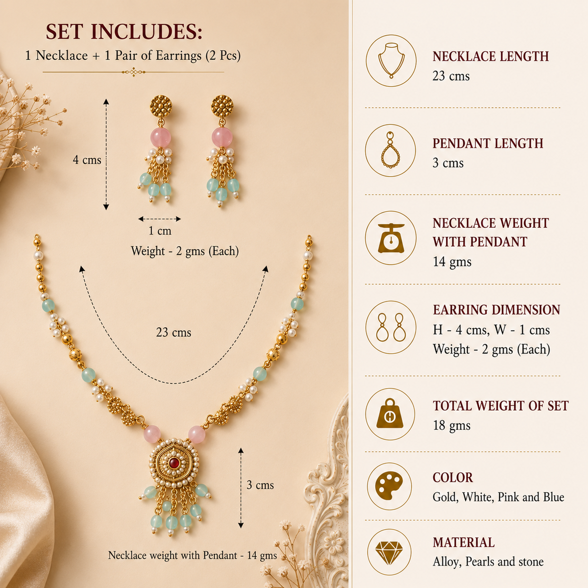 Saanjh Phool Necklace Set - Pestal & Gold