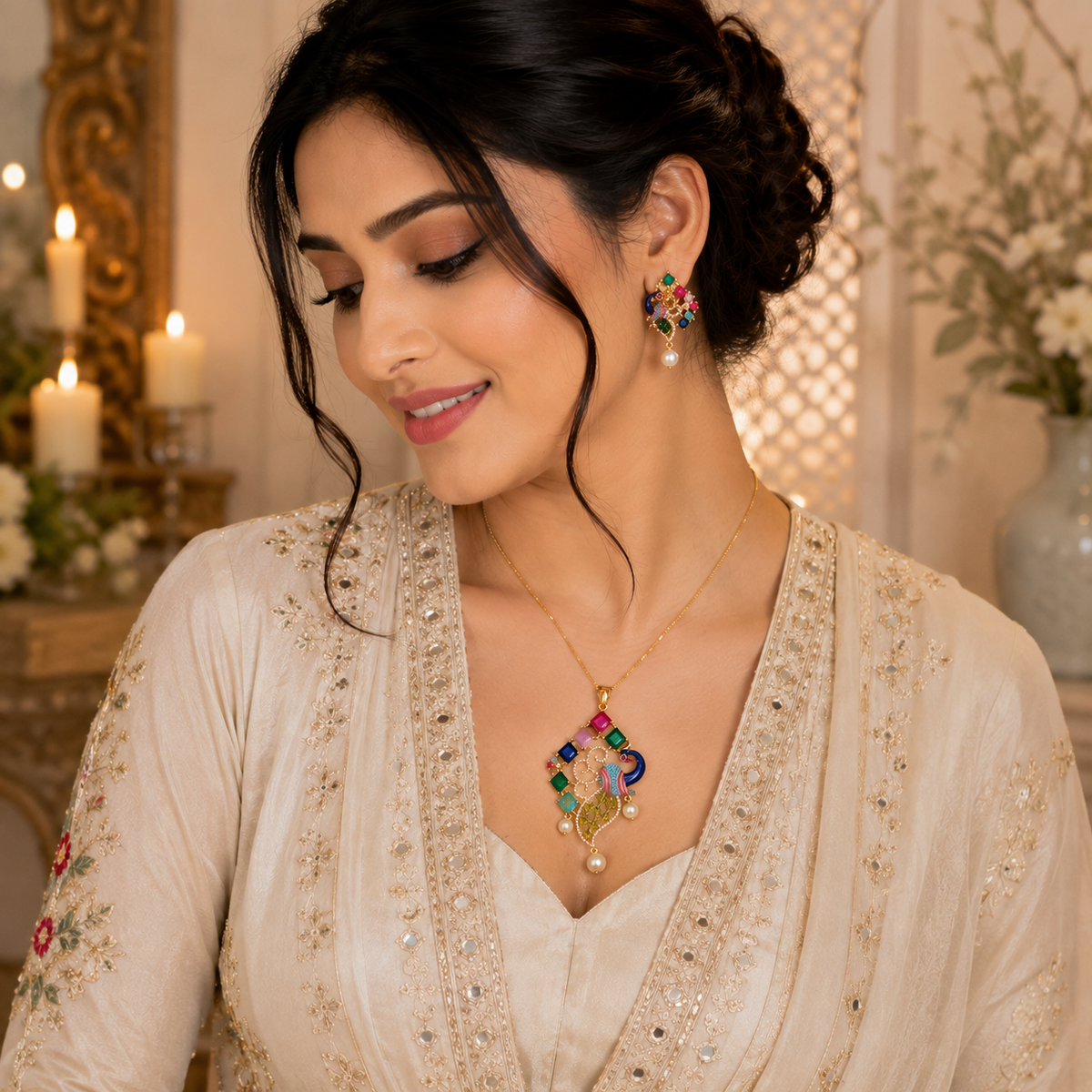 Morni Maya Pendant Earrings Set - Multi color
