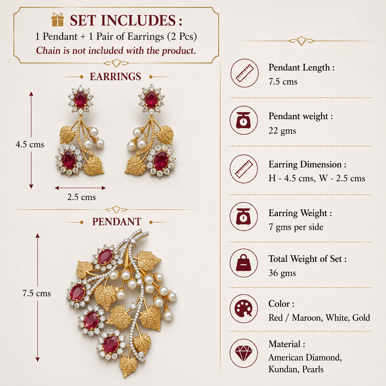 Ruby Blossom AD Pendant Set - Red & Gold