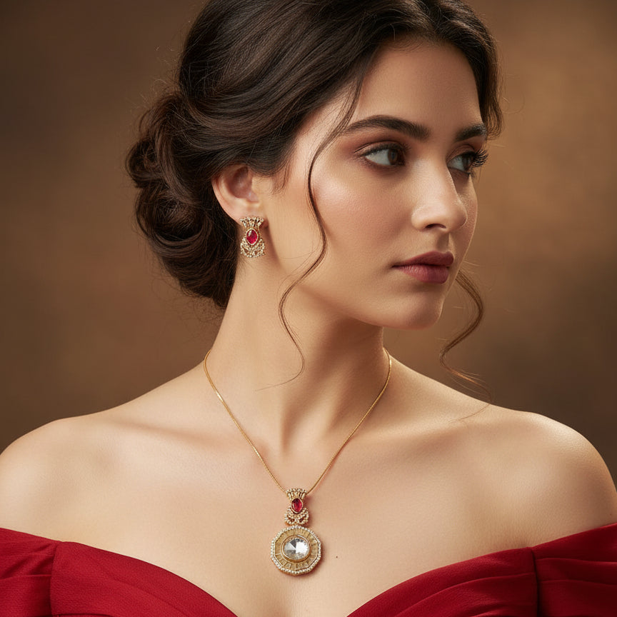 Riva Mirror Kundan Set - Maroon / Red