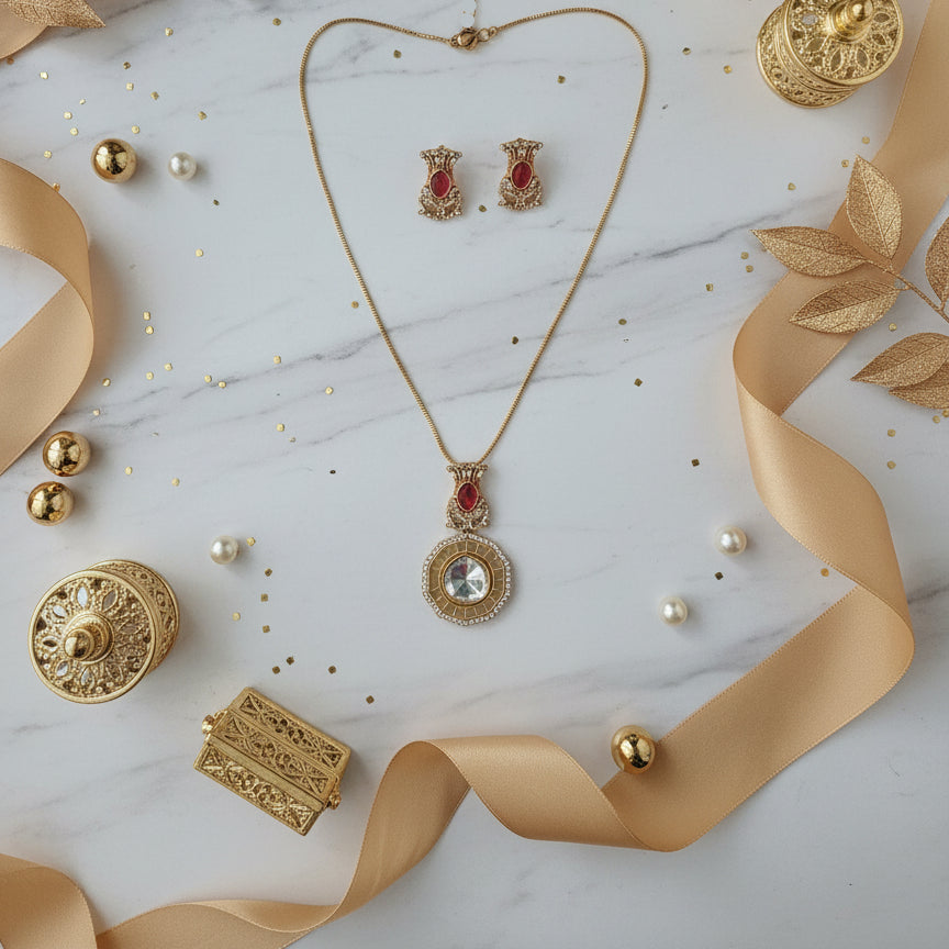 Riva Mirror Kundan Set - Maroon / Red