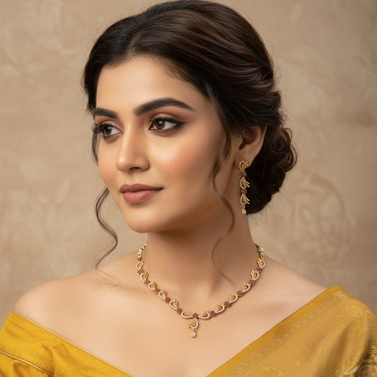 Liyana Leaf Trail Set - Gold, White &  Maroon - Jewel Katha