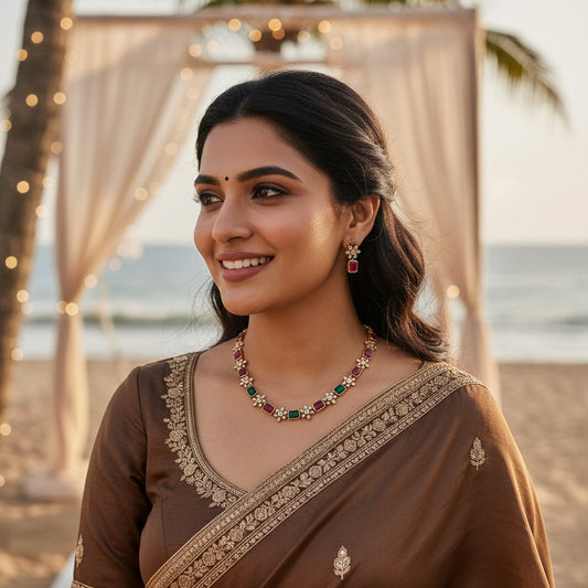 Nayantara Necklace Set - Maroon & Green - Jewel Katha