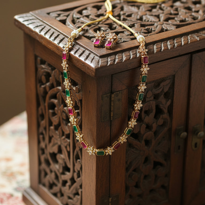 Nayantara Necklace Set - Maroon & Green
