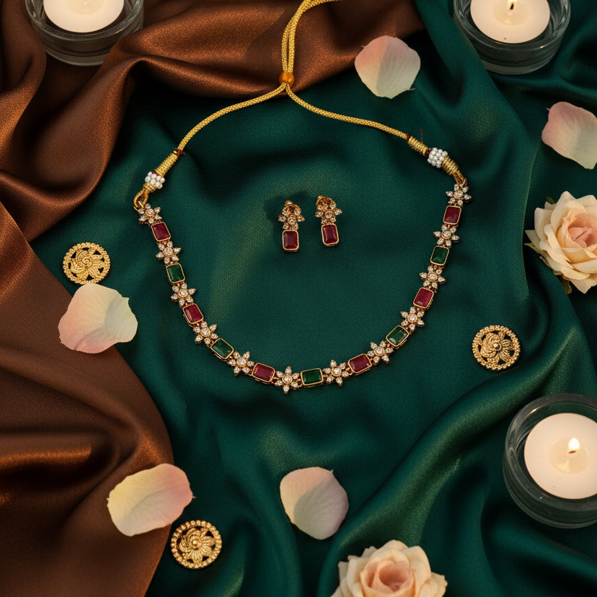 Nayantara Necklace Set - Maroon & Green