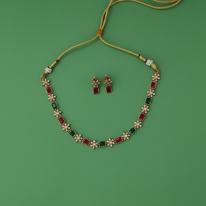 Nayantara Necklace Set - Maroon & Green