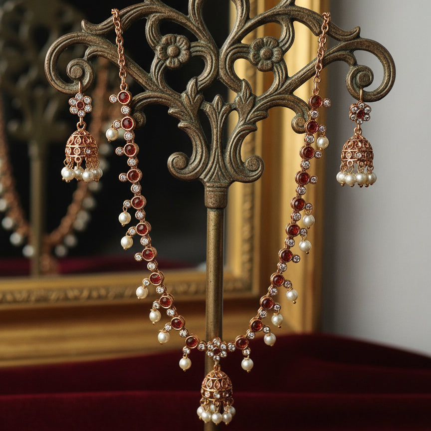 Bell Charm Necklace Set - Maroon - Jewel Katha