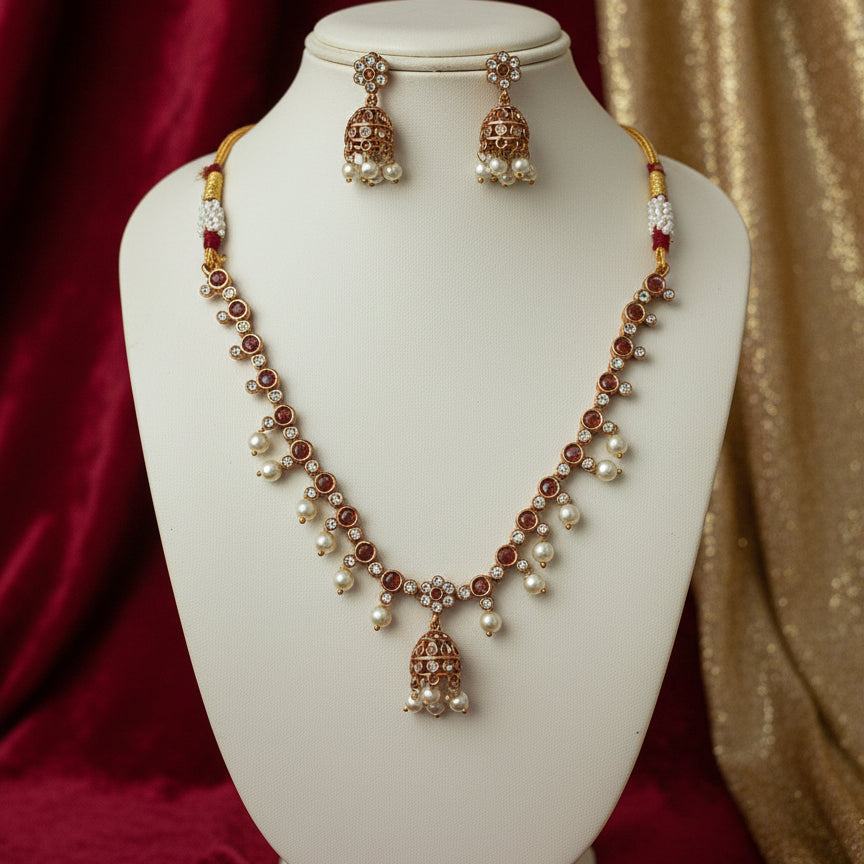 Bell Charm Necklace Set - Maroon - Jewel Katha
