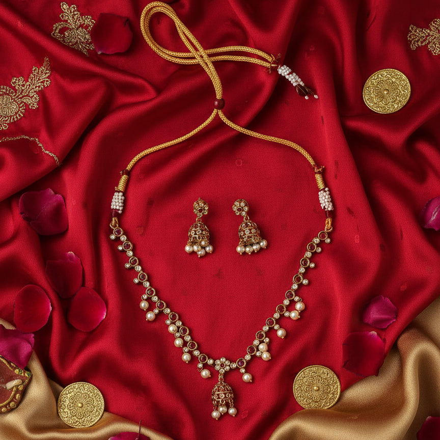 Bell Charm Necklace Set - Maroon - Jewel Katha