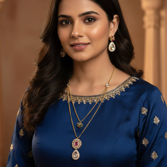 Petal Shine Dual Pendant Set - Pink - Jewel Katha