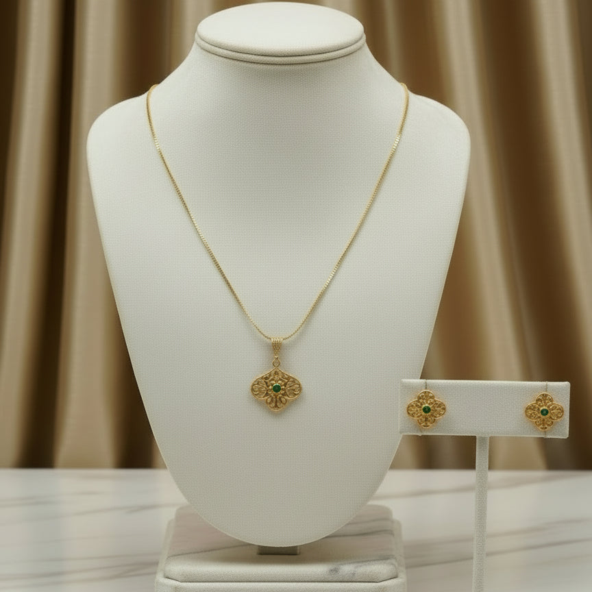 Antique Filigree Bloom Necklace Set - Green