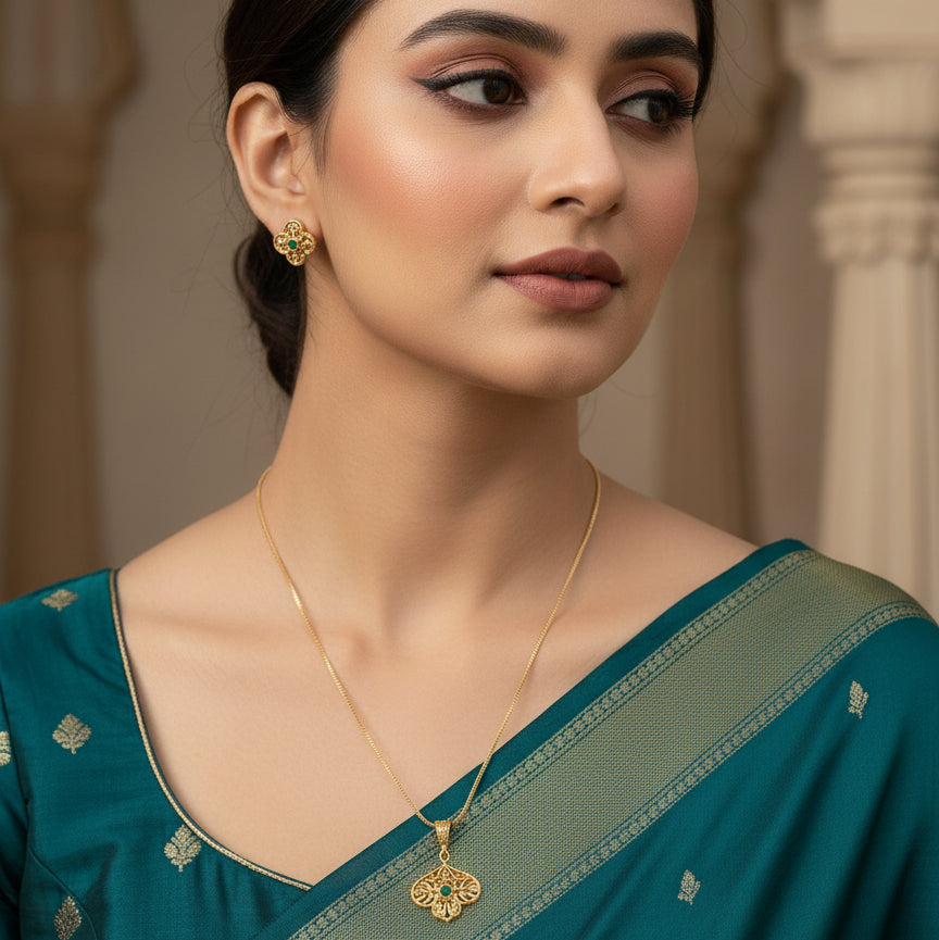 Antique Filigree Bloom Necklace Set - Green