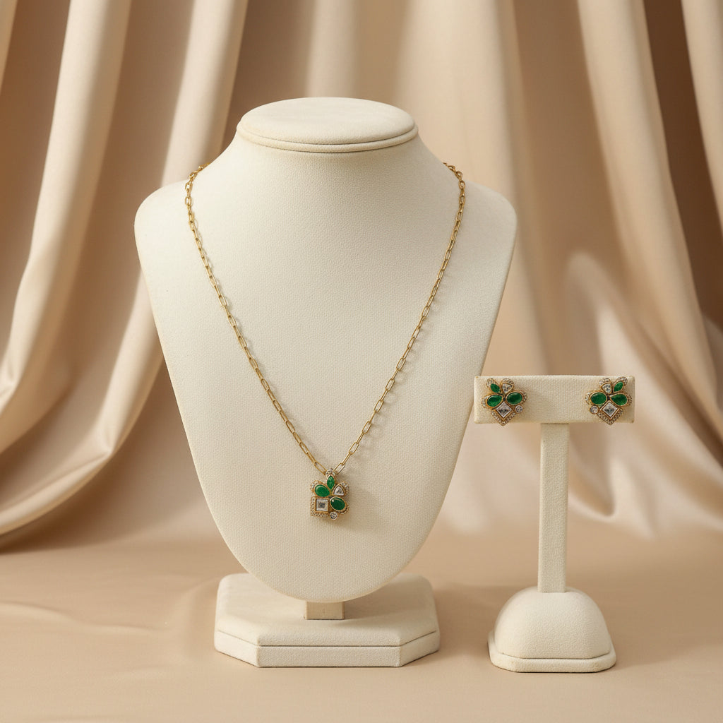 Green Clover  Set with Golden Chain