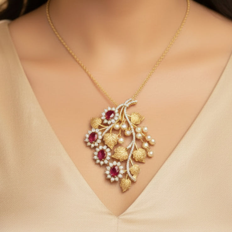 Ruby Blossom AD Pendant Set - Red & Gold