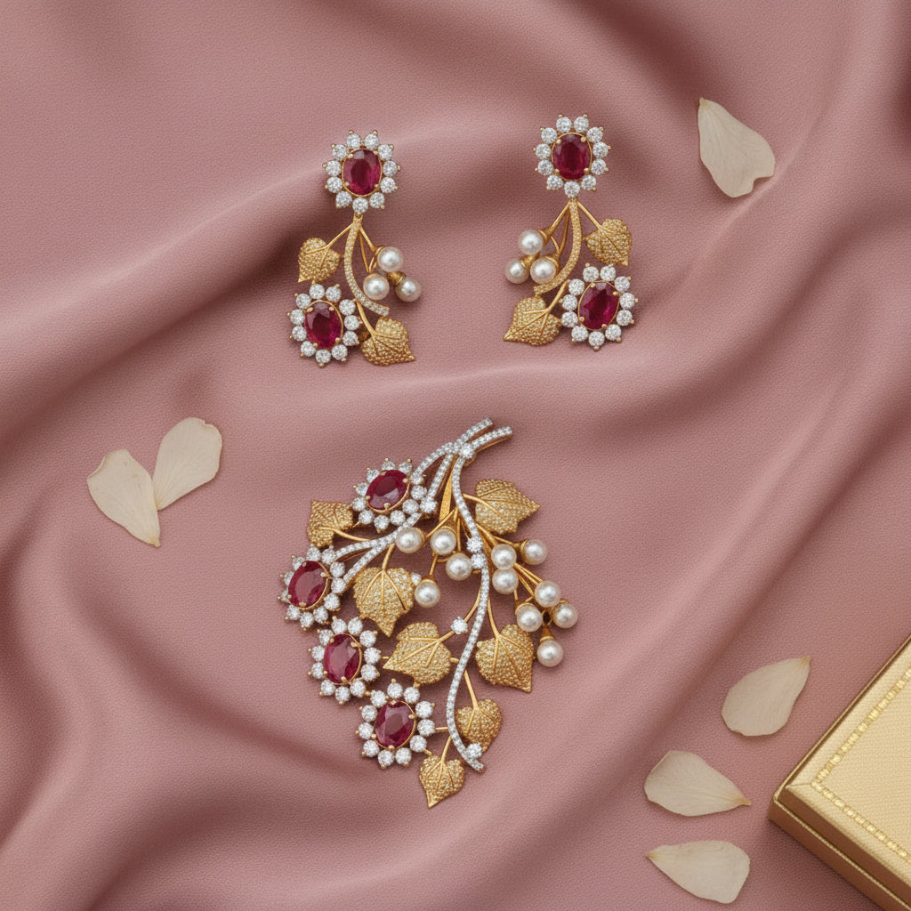 Ruby Blossom AD Pendant Set - Red & Gold