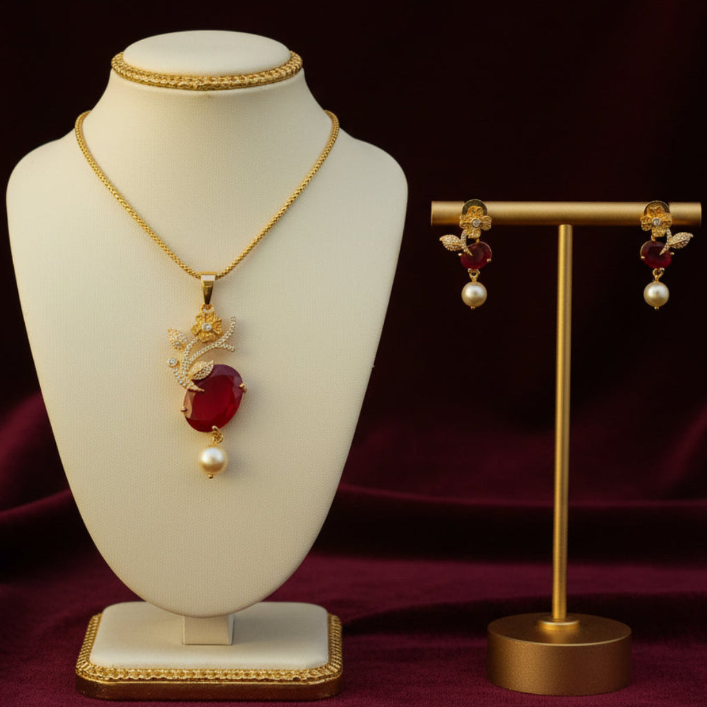 Ruby Pearl Bloom Pendant Set - Red